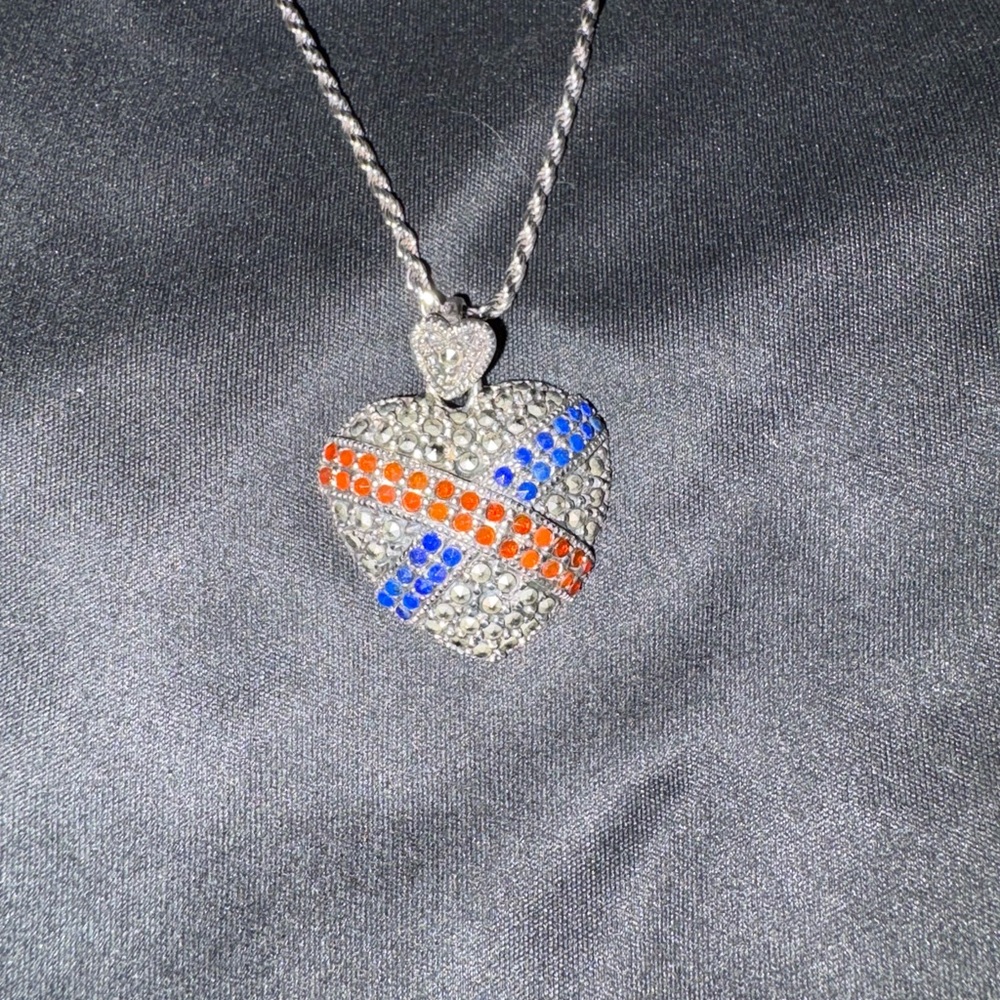 HAN 925 Sterling Silver marcasite heart pendant w lapis and garnet on SS chain